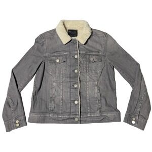 PAIGE Women Small Gray Lyocell Blend Faux Fur Collar Trucker Jean Jacket